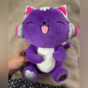 FAO Schwarz Purple Cat Plush with Silver and Pink Details